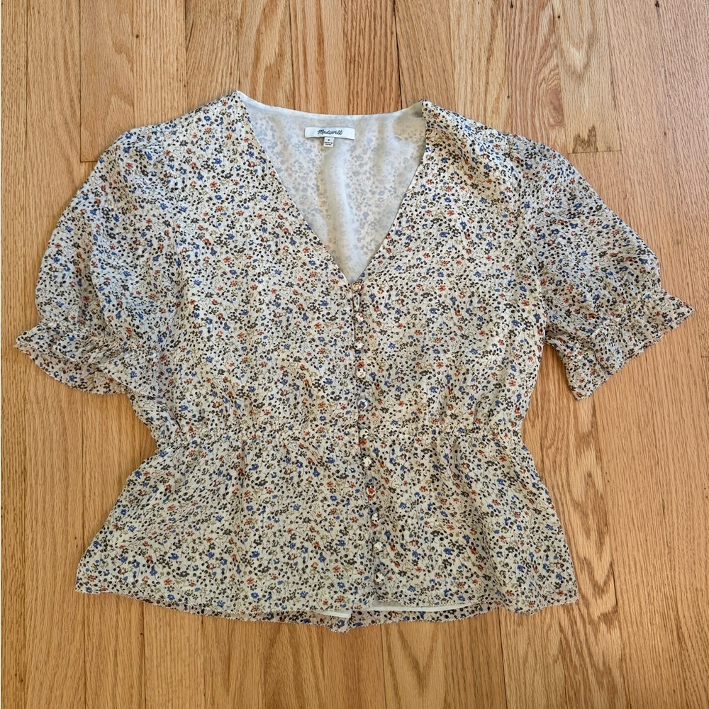 Madewell Peplum Silk Floral V Neck Blouse Size Small
